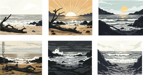 Coastal Sunrise and Ocean Wave Landscape Illustration, Driftwood Beach Scenery with Rocky Shoreline, Dramatic Sky and Seaside Nature Art Design