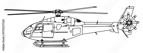 Detailed line drawing of a modern utility helicopter with fenestron tail rotor, side view blueprint.