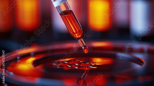 A dropper releases a red liquid into a petri dish with blurred colorful tubes in the background.