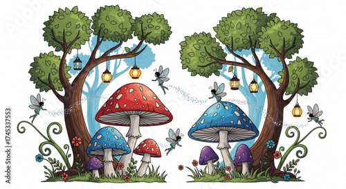 Enchanting fairy realm with whimsical mushrooms, glowing lanterns, and playful fairies dancing amidst lush foliage and trees