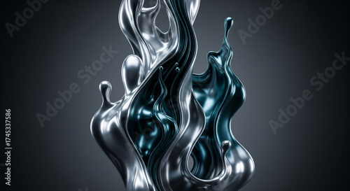 Abstract liquid splash with metallic sheen against a dark background.