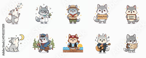 Adorable cartoon wolf characters in various costumes engaging in everyday activities