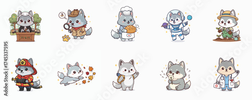 Cute cartoon wolves illustrating various professions and activities with playful expressions