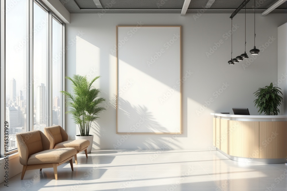 Fototapeta premium Modern office lobby with a blank mockup frame and reception desk.