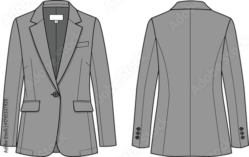 Blazer jacket technical flat sketch, front and back view, notched lapel, single button closure, flap pockets, tailored suit design, cad drawing flat vector illustration
