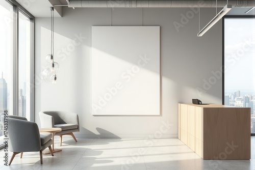 Modern office lobby with a blank mockup frame and reception desk.