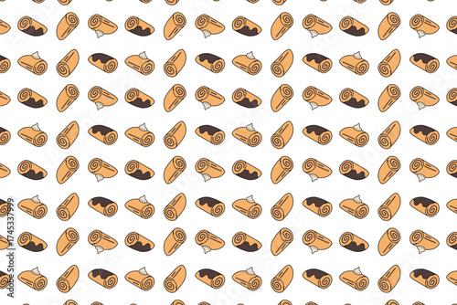 Seamless pattern of sweet roll cakes with chocolate and cream toppings on a white background.