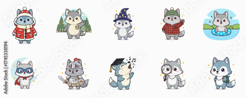Cute cartoon wolf illustrations in various outfits and activities featuring fantasy themes