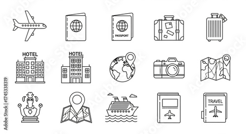 Set of travel icons collection of vector line art illustrations for tourism, vacation, and adventure airplane, passport, luggage, hotel