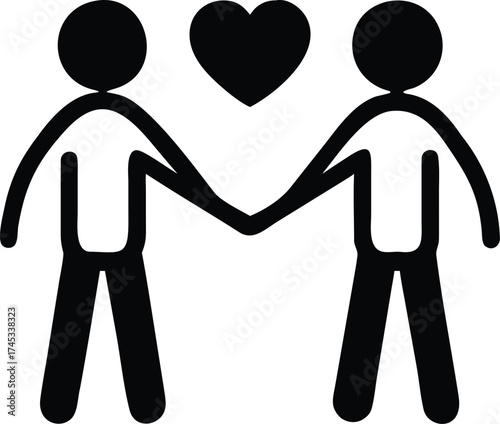 Two stick figures holding hands with a heart above friendship and unity line icon isolated on white background