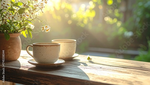 Morning Sunlight Streaming Through Coffee Cups and Flowers on Wooden Balcony with Warm Golden Glow
