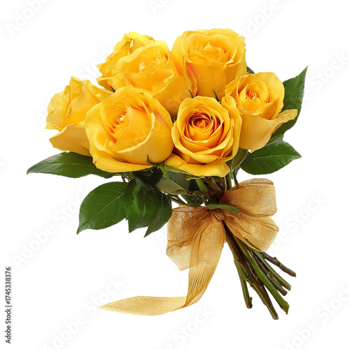 A beautiful bouquet of yellow roses with a golden ribbon, isolated on transparent background