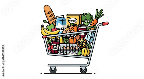 Shopping cart full of groceries vector illustration of a supermarket trolley with fresh food, vegetables, and fruits