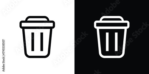 Trashcan Icon on Split Black and White Background, Deletion Symbol, Recycle Outline