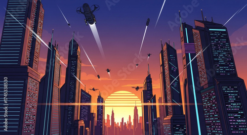 Futuristic cityscape with flying vehicles at sunset, showcasing advanced technology and urban planning, creating a vibrant and dynamic atmosphere
