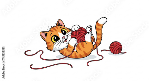 Adorable orange tabby kitten playing with a red yarn ball, , showcasing playful innocence and feline charm
