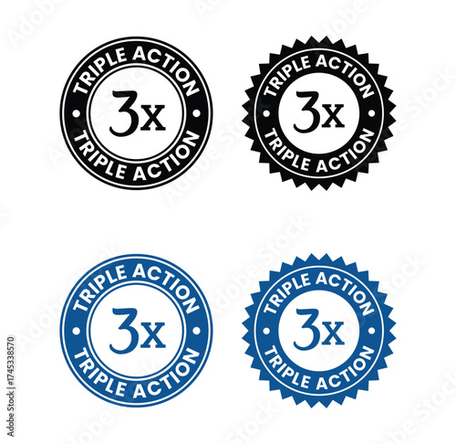 Triple Action - vector label for packaging label design. Triple Action sign, logo, badge, icon, sticker, label, emblem, stamp, symbol, black, line, flat vector, isolated illustration.