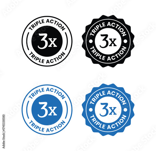 Triple Action - vector label for packaging label design. Triple Action sign, logo, badge, icon, sticker, label, emblem, stamp, symbol, black, line, flat vector, isolated illustration.