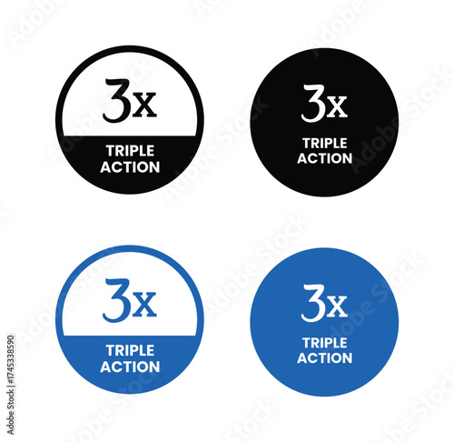 Triple Action - vector label for packaging label design. Triple Action sign, logo, badge, icon, sticker, label, emblem, stamp, symbol, black, line, flat vector, isolated illustration.