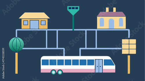 A conceptual diagram of an urban transit station emphasizing platform layouts entry points and accessibility features in a graphical style.
