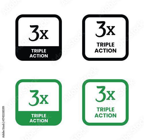 Triple Action - vector label for packaging label design. Triple Action sign, logo, badge, icon, sticker, label, emblem, stamp, symbol, black, line, flat vector, isolated illustration.