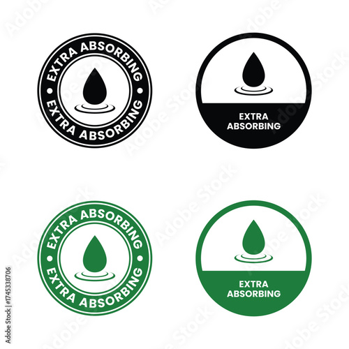 Extra Absorbing or fast absorption icon set. Absorption label, logo, badge, symbol, emblem, line, flat vector, isolated illustration. Fast absorption label for product packaging design.