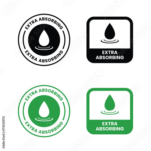 Extra Absorbing or fast absorption icon set. Absorption label, logo, badge, symbol, emblem, line, flat vector, isolated illustration. Fast absorption label for product packaging design.