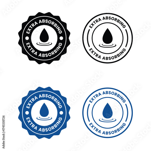 Extra Absorbing or fast absorption icon set. Absorption label, logo, badge, symbol, emblem, line, flat vector, isolated illustration. Fast absorption label for product packaging design.