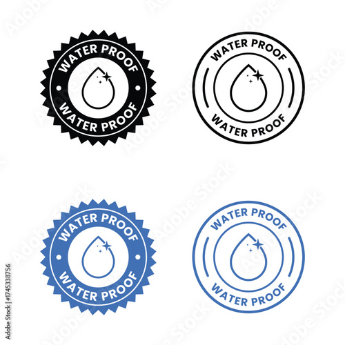 Waterproof icons. Water Proof. Collection of water resistant signs. Water protection, liquid proof protection. Shield with water drop. Anti wetting material, hydrophobic fabric, surface protection