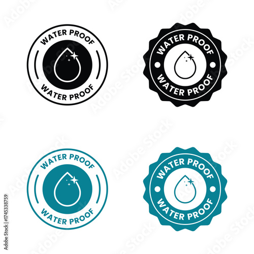 Waterproof icons. Water Proof. Collection of water resistant signs. Water protection, liquid proof protection. Shield with water drop. Anti wetting material, hydrophobic fabric, surface protection