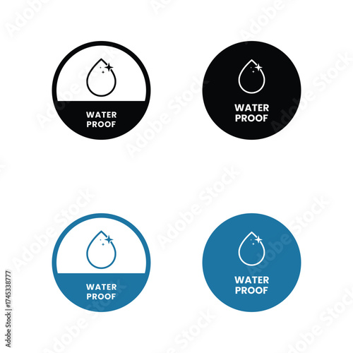 Waterproof icons. Water Proof. Collection of water resistant signs. Water protection, liquid proof protection. Shield with water drop. Anti wetting material, hydrophobic fabric, surface protection