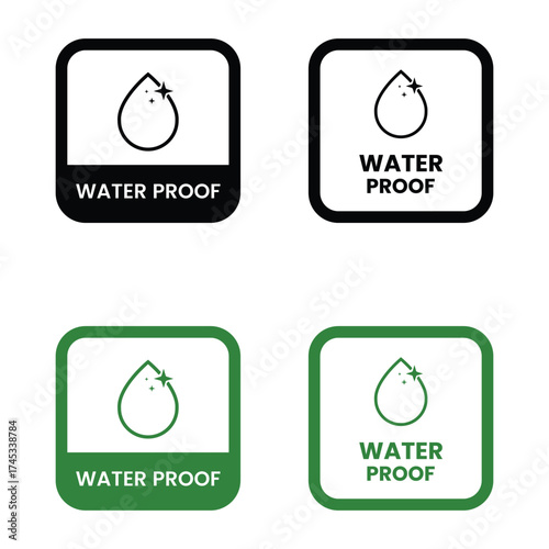 Waterproof icons. Water Proof. Collection of water resistant signs. Water protection, liquid proof protection. Shield with water drop. Anti wetting material, hydrophobic fabric, surface protection