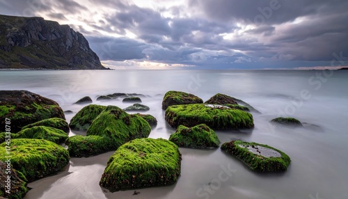 Moss Covered Rocks on Sandy Beach with Dramatic Cloudy Sky and Coastal Mountain in Lofoten Norway Landscape Scene