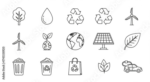 A set of ecofriendly icons representing sustainability, recycling, renewable energy, and environmental conservation