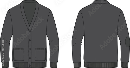 Cardigan sweater front and back view, V‑neck button down, patch pockets, ribbed cuffs and hem, fashion design, cad drawing flat vector illustration
