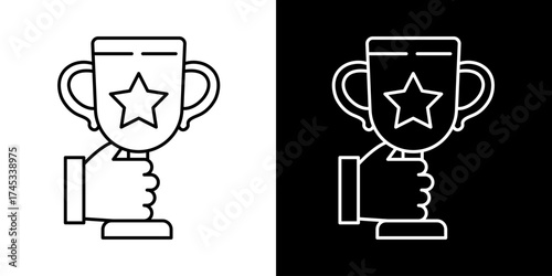 Trophy Award in Hand Vector Outline Icon on Black and White Backgrounds