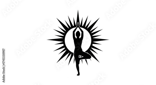 Silhouette of a woman in a yoga tree pose against a radiant sunburst, symbolizing wellness, balance, and spiritual connection
