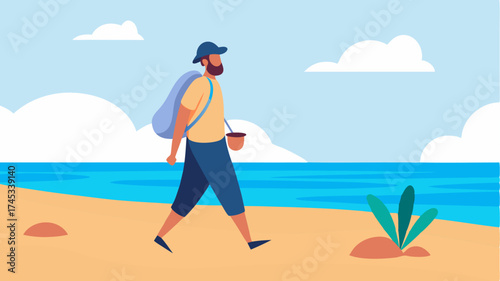 A beachcomber walking along a sandy shore backpack slung over one shoulder gathering seashells and enjoying the ocean breeze.