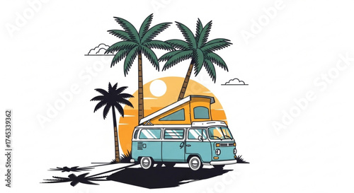 Vintage blue camper van parked on a tropical beach with palm trees and a sunset, a perfect getaway for a summer vacation