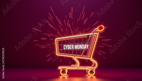 Neon shopping cart with Cyber Monday text on dark background  