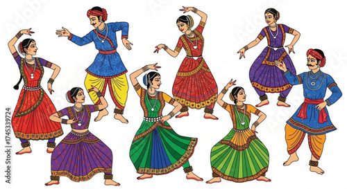 A group of traditional indian dancers performing a folk dance with colorful costumes and graceful movements, , showcasing cultural heritage