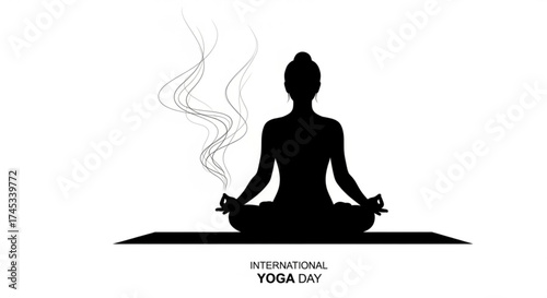 Silhouette of a woman in lotus position for international yoga day serene pose for meditation and relaxation, promoting wellness and mindfulness