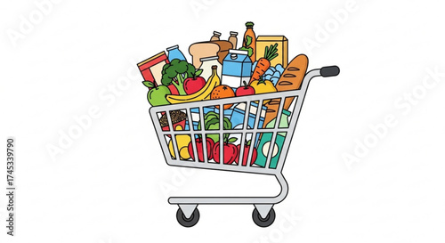 Shopping cart filled with groceries variety of fresh food items, including fruits, vegetables, dairy, and bread, for a healthy lifestyle