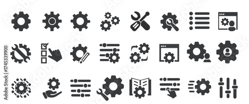 settings icon, gear icon, cogwheel, configuration symbol, tools icon, system settings, options icon, control icon, preferences icon, setup icon, adjustment icon, engineering icon, machinery symbol, te
