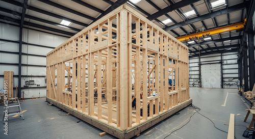 Wooden house frame under construction inside modern industrial factory showing precise carpentry and framing details