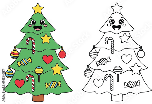 Cute Christmas Tree with Ornaments and Candies - Holiday Season Cartoon Character Vector Illustration, Perfect for Coloring Book and Kids' Crafts