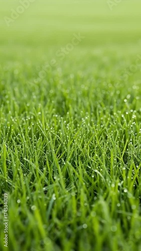 A serene and vibrant close-up shot of lush green grass glistening with delicate morning dew drops. Each blade of grass is adorned with tiny, crystal-clear water droplets, reflecting the soft light and