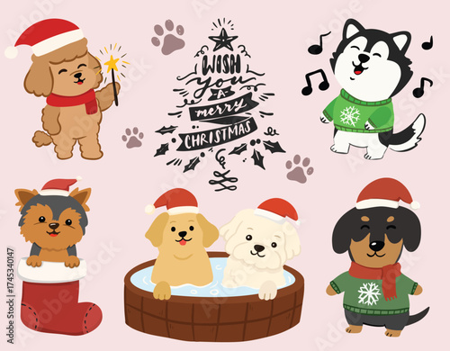 Cute Christmas Dogs Illustration – Festive Puppies in Santa Hats & Winter Sweaters