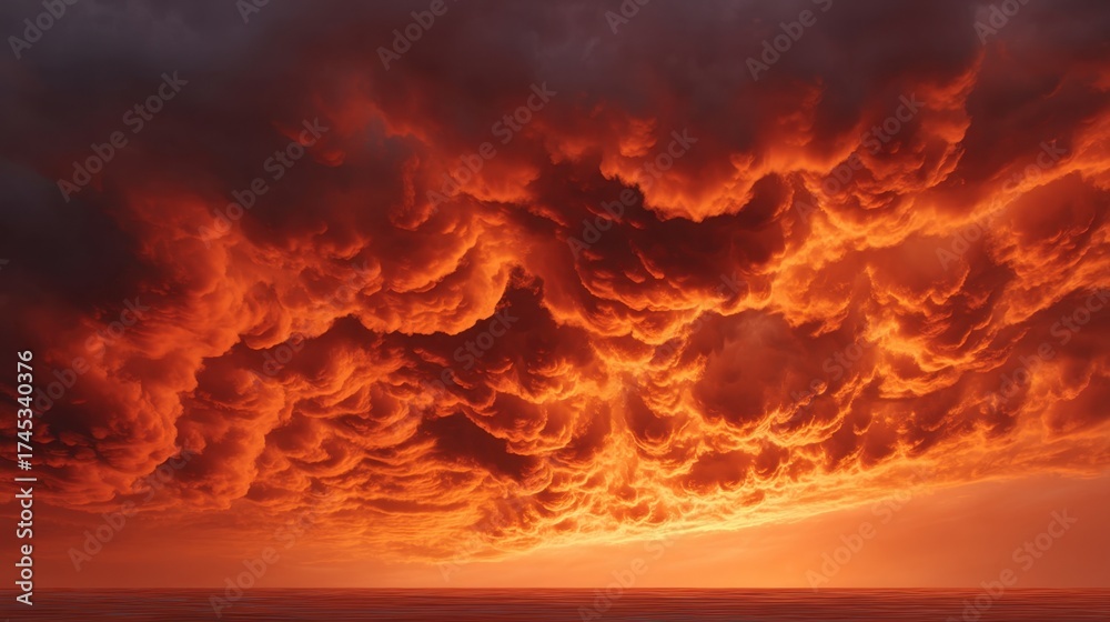Fototapeta premium Dramatic Sunset Over Ocean with Fiery Clouds Illuminated by the Setting Sun Casting Orange and Red Hues Across a Calm Horizon