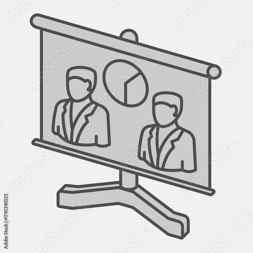 Two voters and pie chart on stand isometric icon, democracy day concept. Vector graphics. Whiteboard with lecturers sign and editable stroke, outline style icon for mobile or web design.
